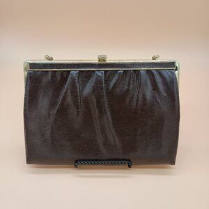 Vintage 70s Brown Purse Handbag Clutch Purse Gold Trim Faux Leather READ